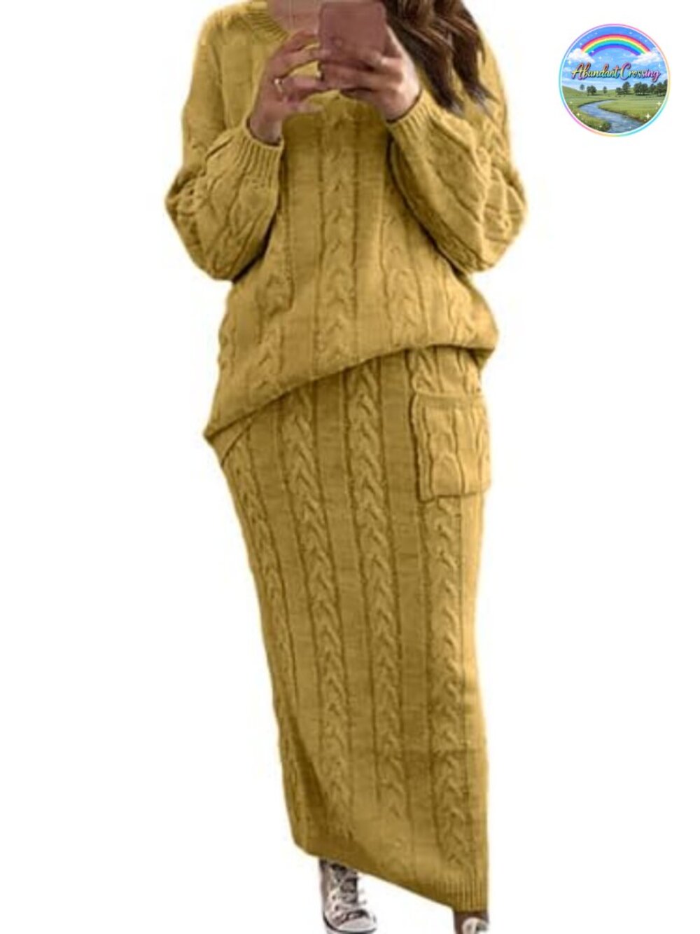 Womens Chunky Cable Knit 2 Piece Lounge Set Long Sleeve Sweater and Midi Skirt